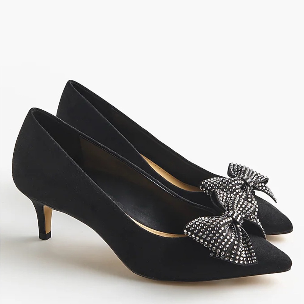 J. Crew Crystal Bow Black Kitten Heels, NWT
